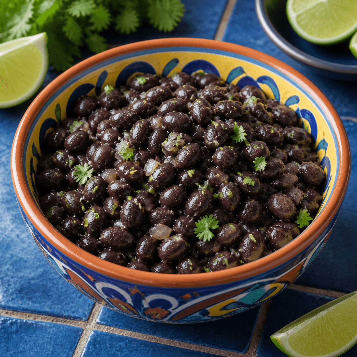 Cooked black beans in a colorful ceramic bowl