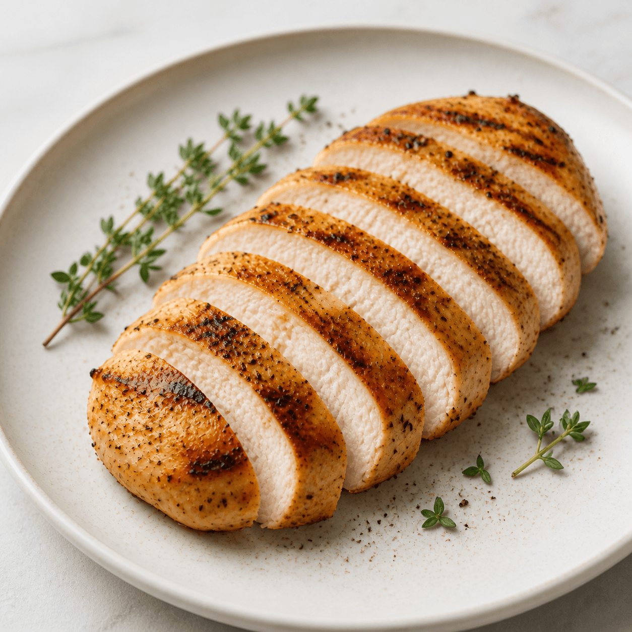 Grilled skinless chicken breast slices on a meal-prep plate