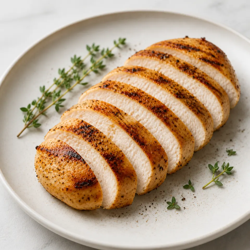 Grilled skinless chicken breast slices on a meal-prep plate