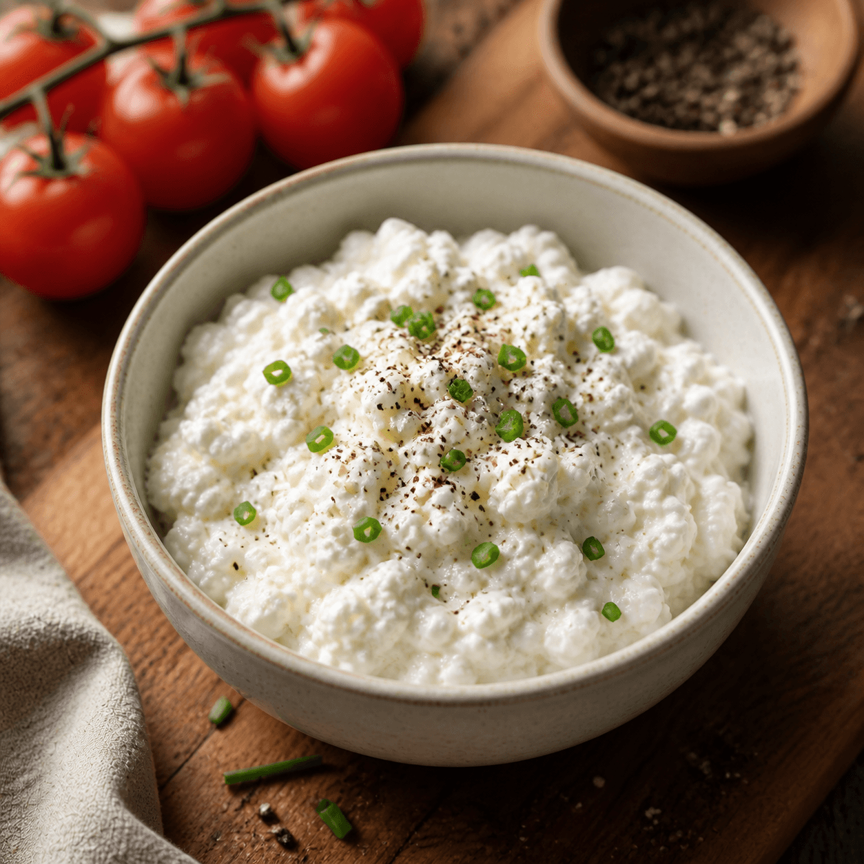 Low-fat cottage cheese in a bowl with tomatoes and cracked pepper