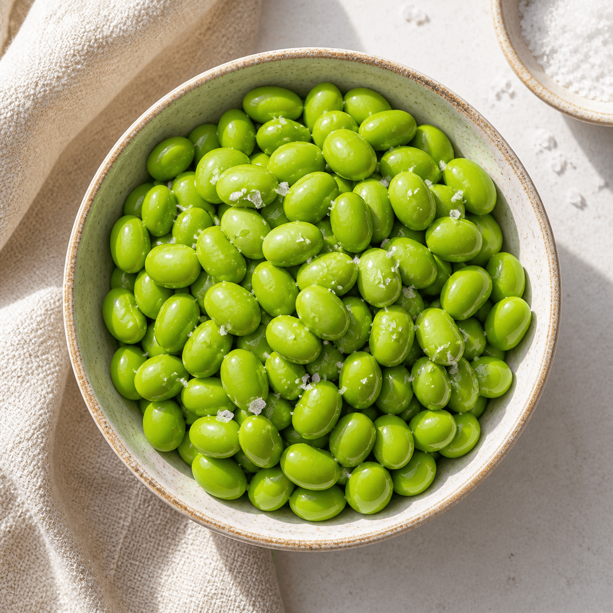Shelled edamame in a small ceramic bowl