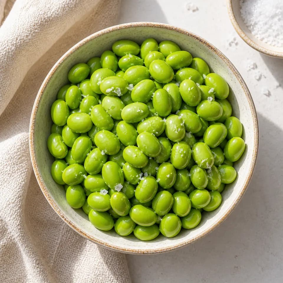 Shelled edamame in a small ceramic bowl