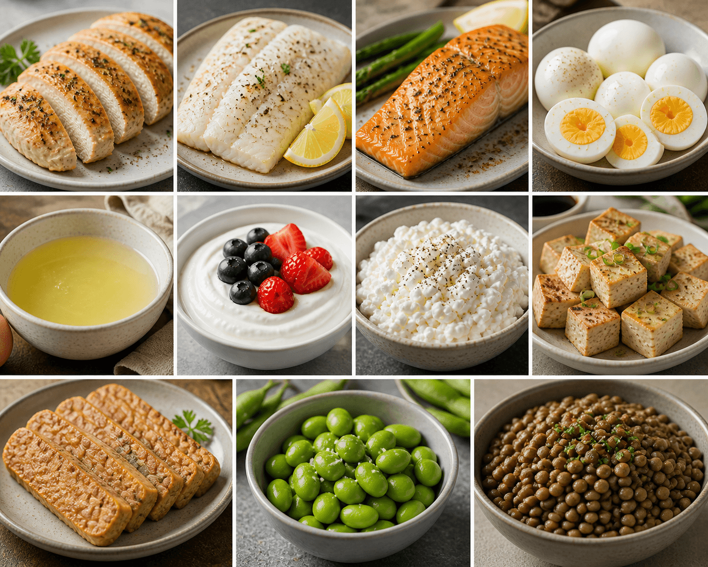 A calm meal planning dashboard comparing high-protein foods by protein density for weight loss