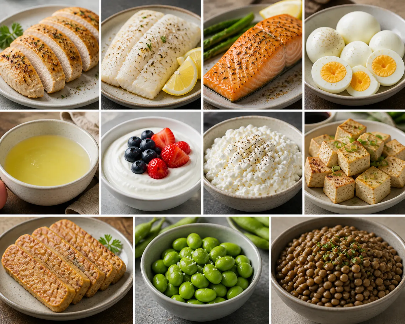A calm meal planning dashboard comparing high-protein foods by protein density for weight loss