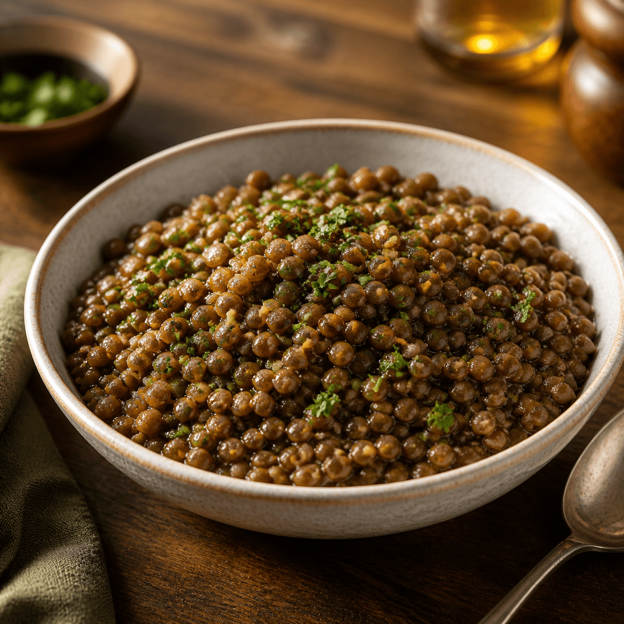 Cooked lentils in a shallow rustic bowl
