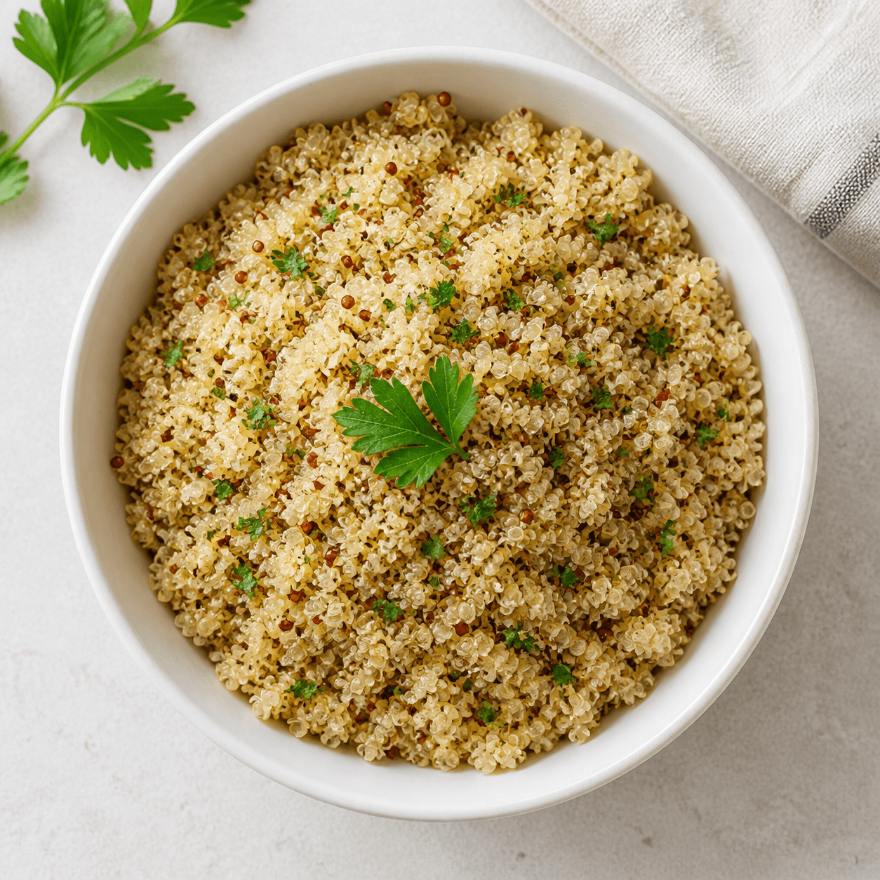 Cooked quinoa in a shallow white bowl