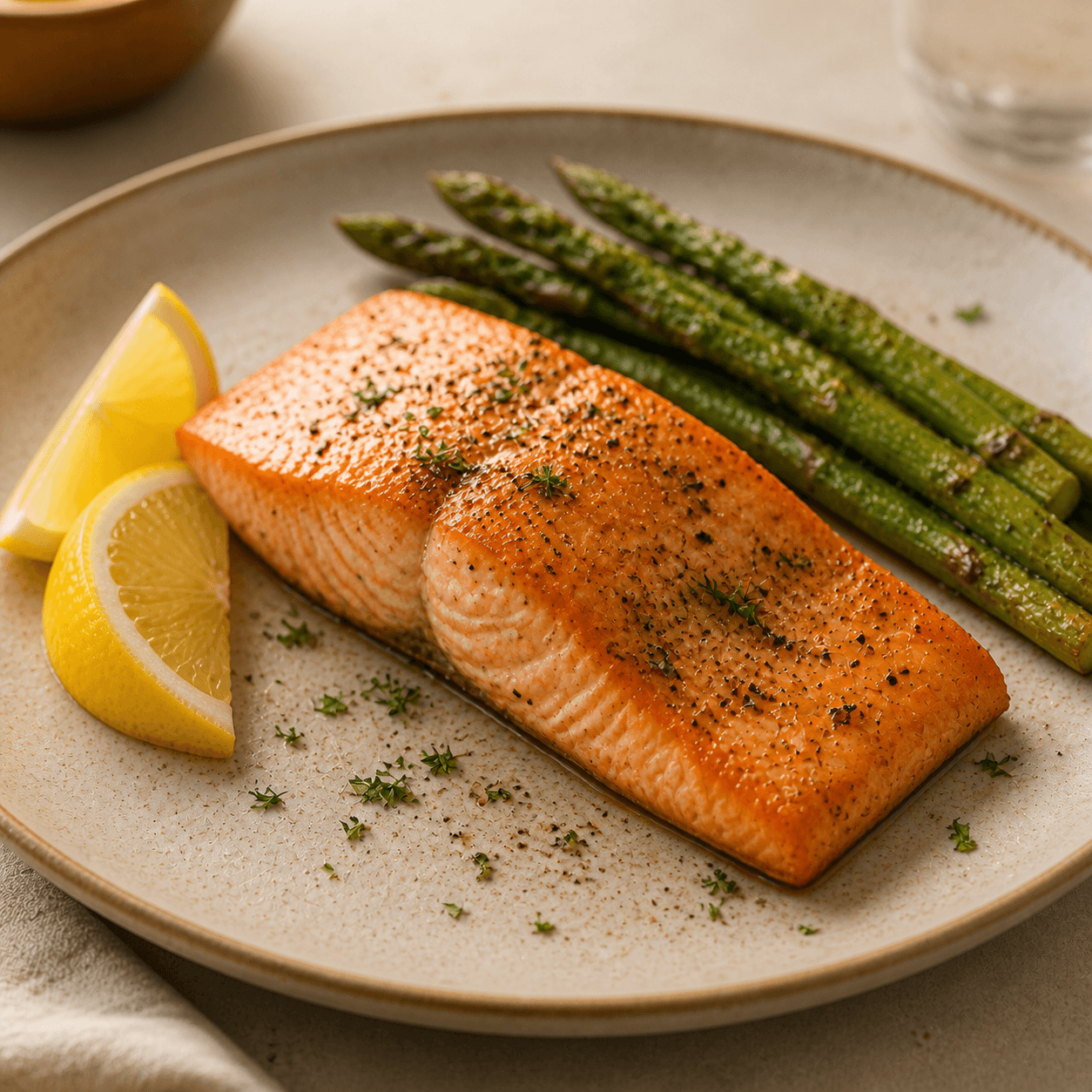 Baked salmon fillet on a ceramic plate