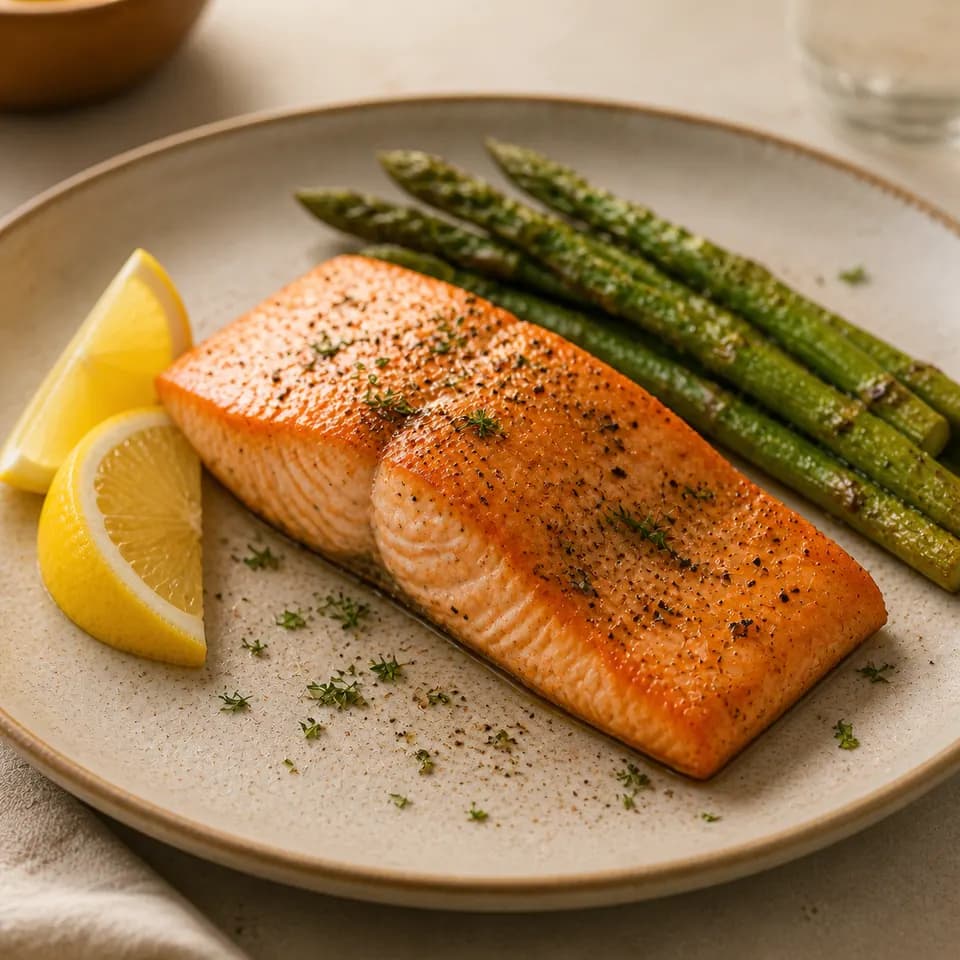 Baked salmon fillet on a ceramic plate