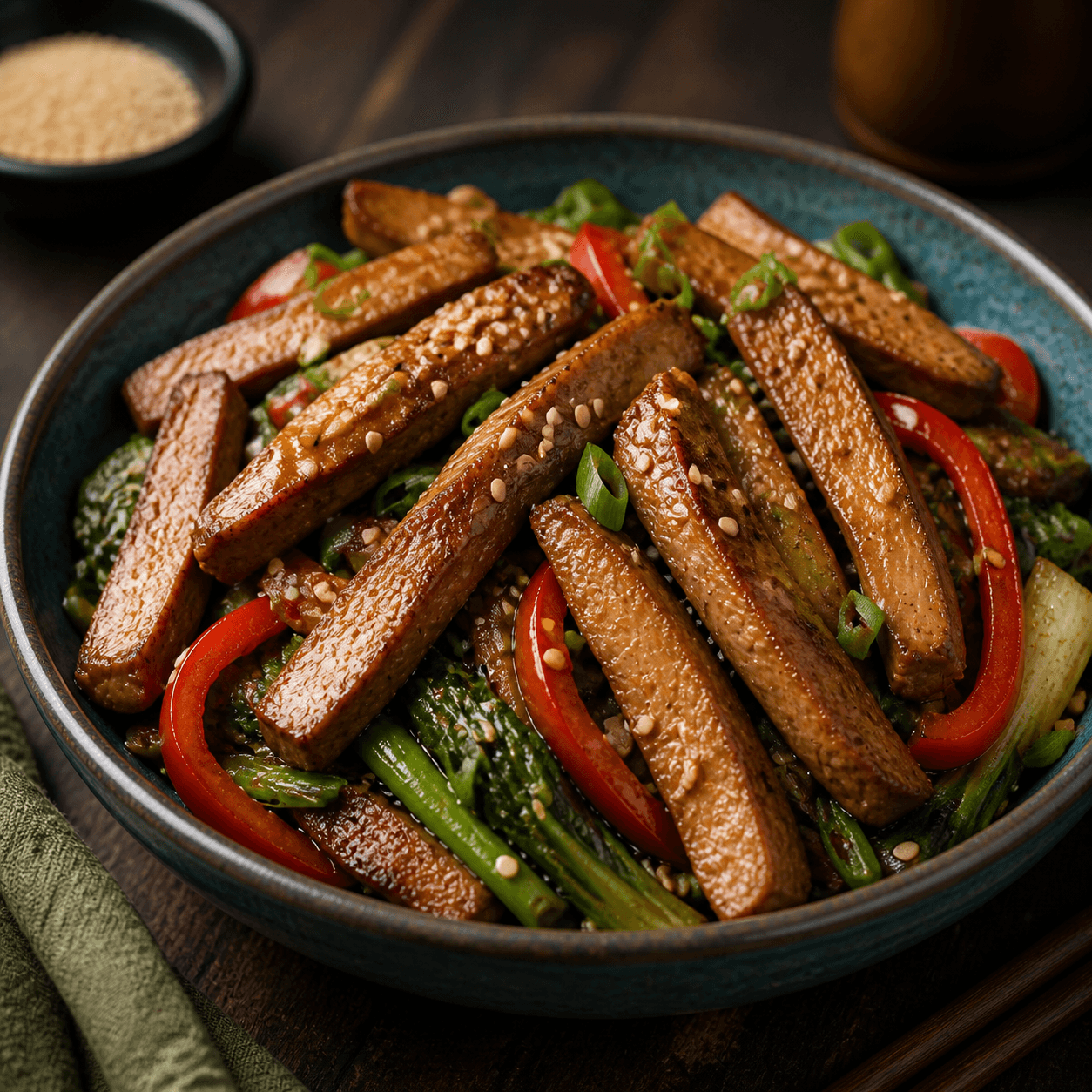 Pan-seared seitan strips in a savory bowl