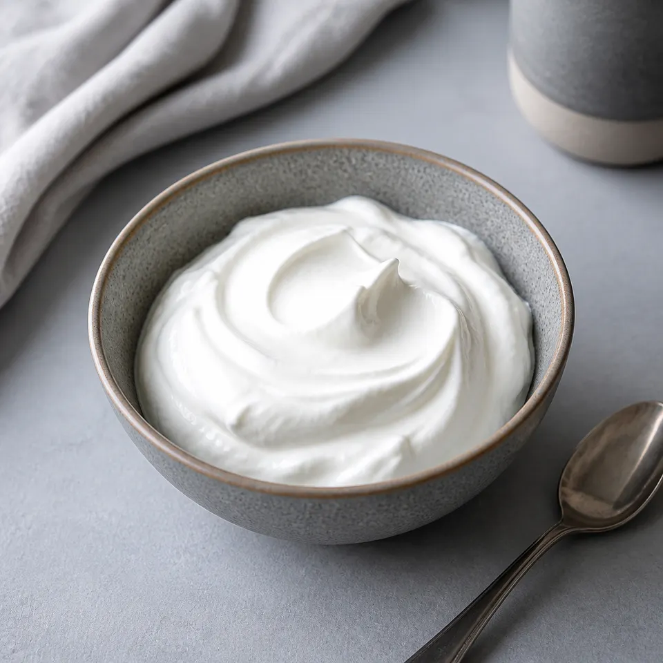 Thick plain skyr in a modern ceramic bowl