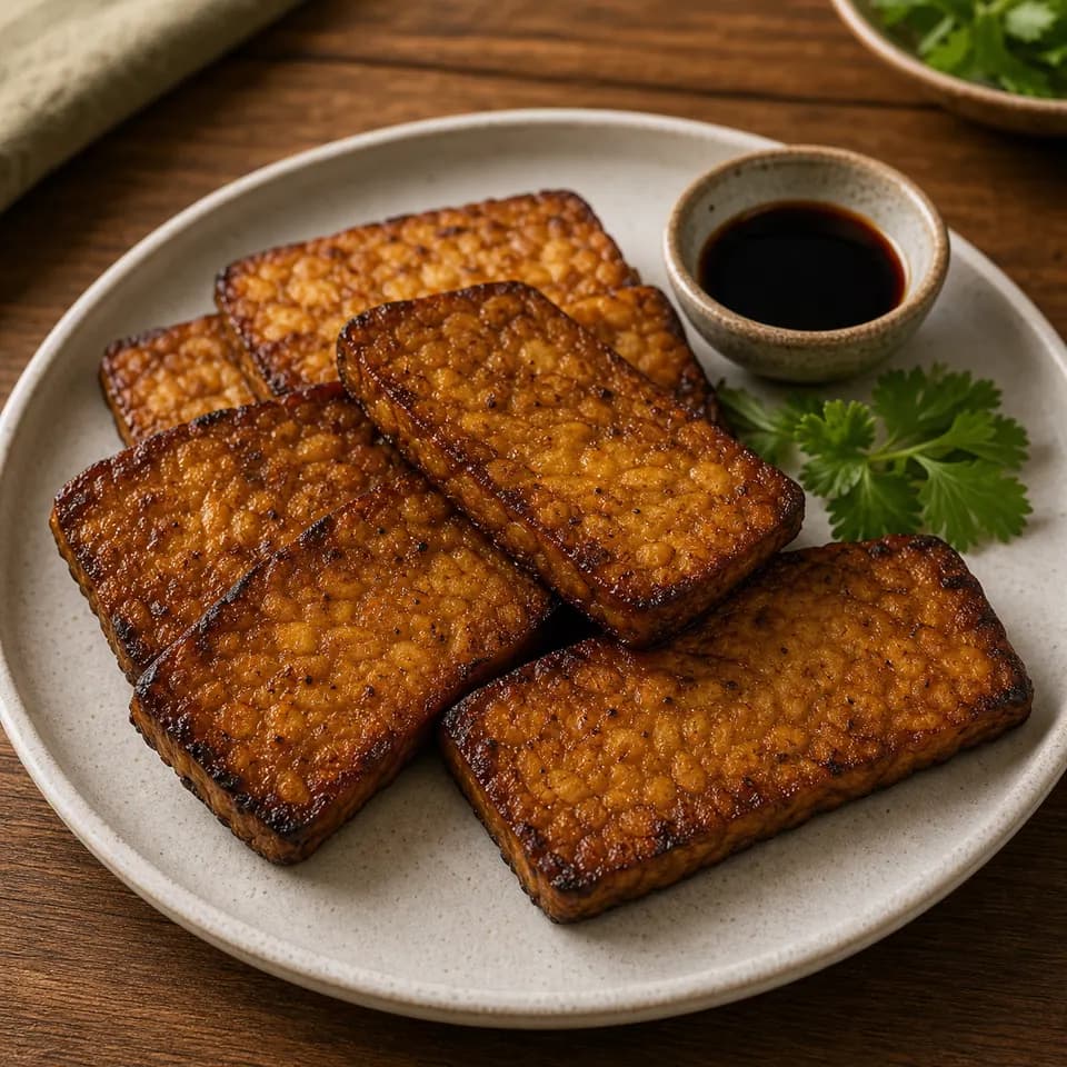 Browned tempeh slices on a warm wooden table