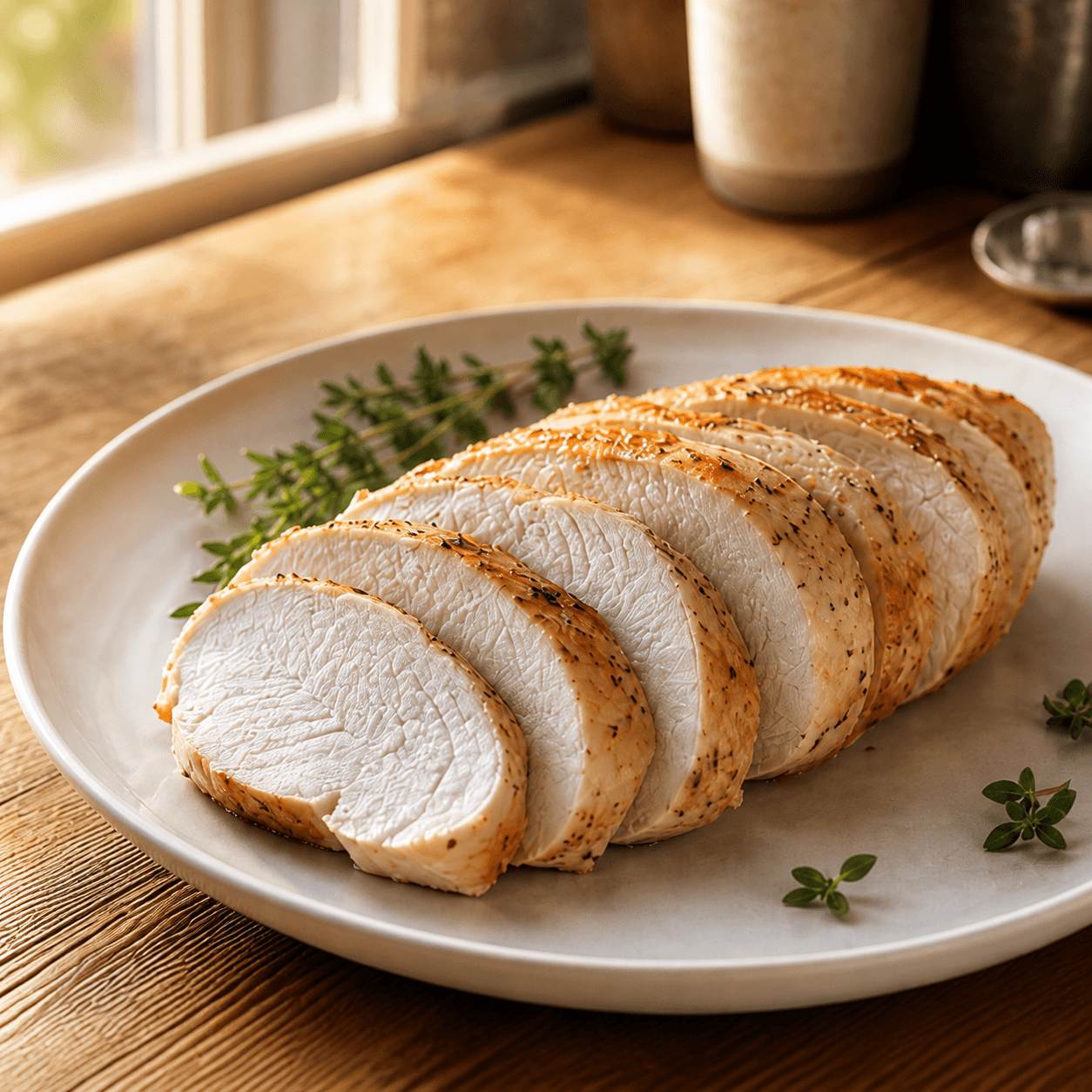 Sliced roasted skinless turkey breast on a ceramic plate