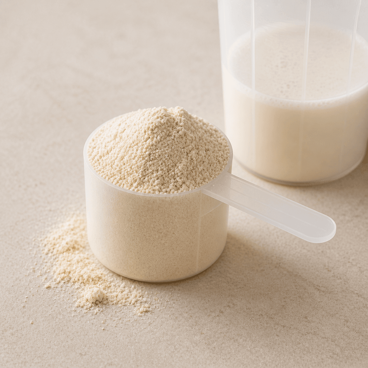 Scoop of unbranded whey protein powder beside a simple shaker glass