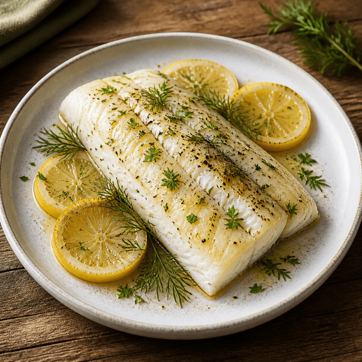 Baked white fish fillet with lemon and herbs