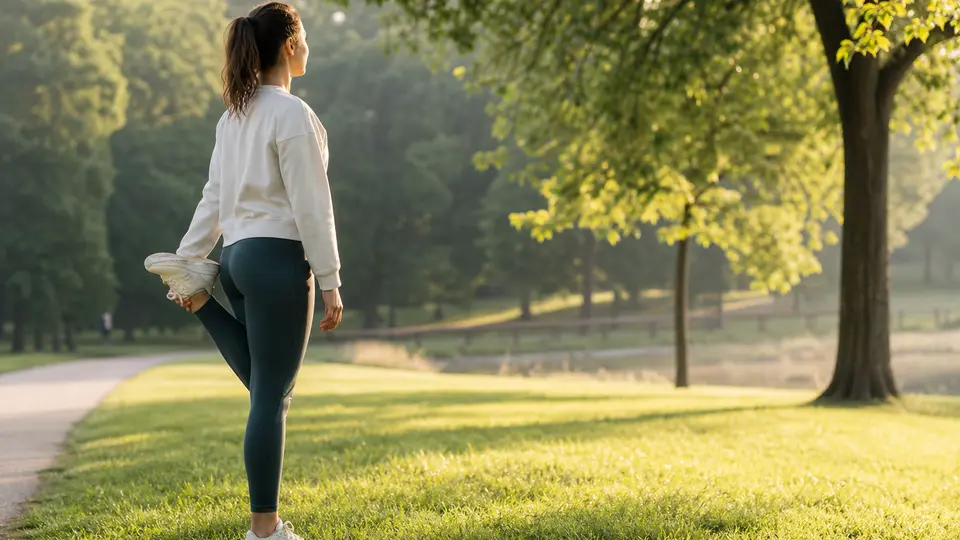 A woman stretching in a quiet park in soft natural light