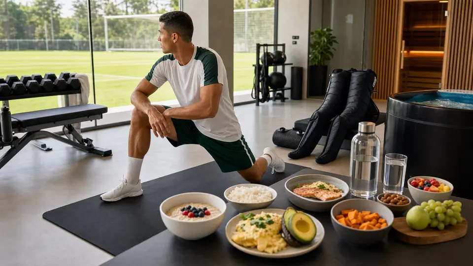 A generic veteran football forward in an unbranded training and recovery facility with oats, eggs, avocado, fish, rice, sweet potato, fruit, water, and recovery equipment nearby