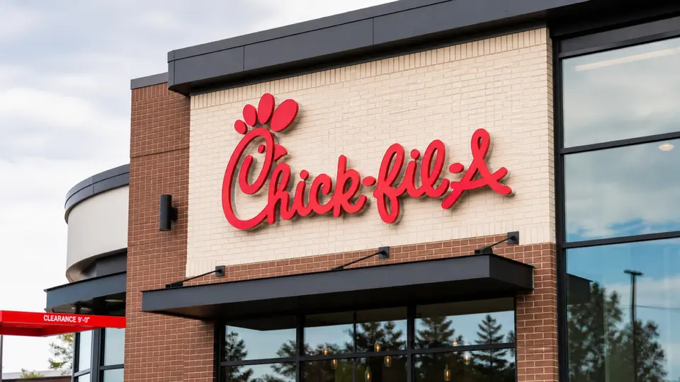 A close-up of the Chick-fil-A sign outside a modern restaurant storefront