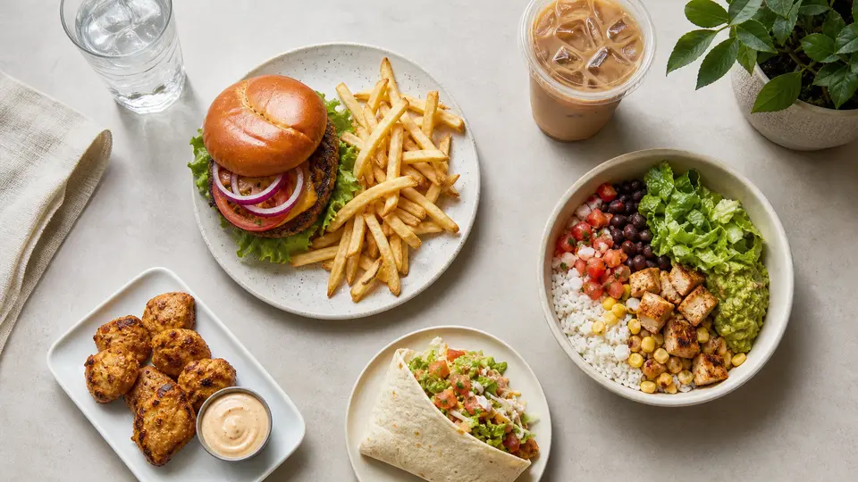 An overhead table spread with a burger and fries, burrito bowl, wrapped taco, grilled chicken nuggets, iced coffee, and water