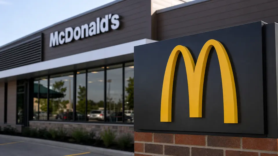 A close-up of the golden arches sign outside a McDonald's restaurant