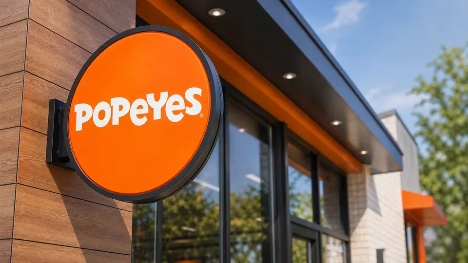 A close-up of a Popeyes sign outside a modern restaurant storefront