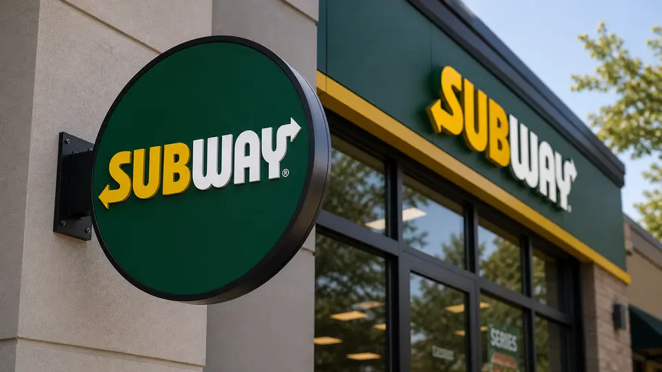 A close-up of a Subway sign outside a modern restaurant storefront