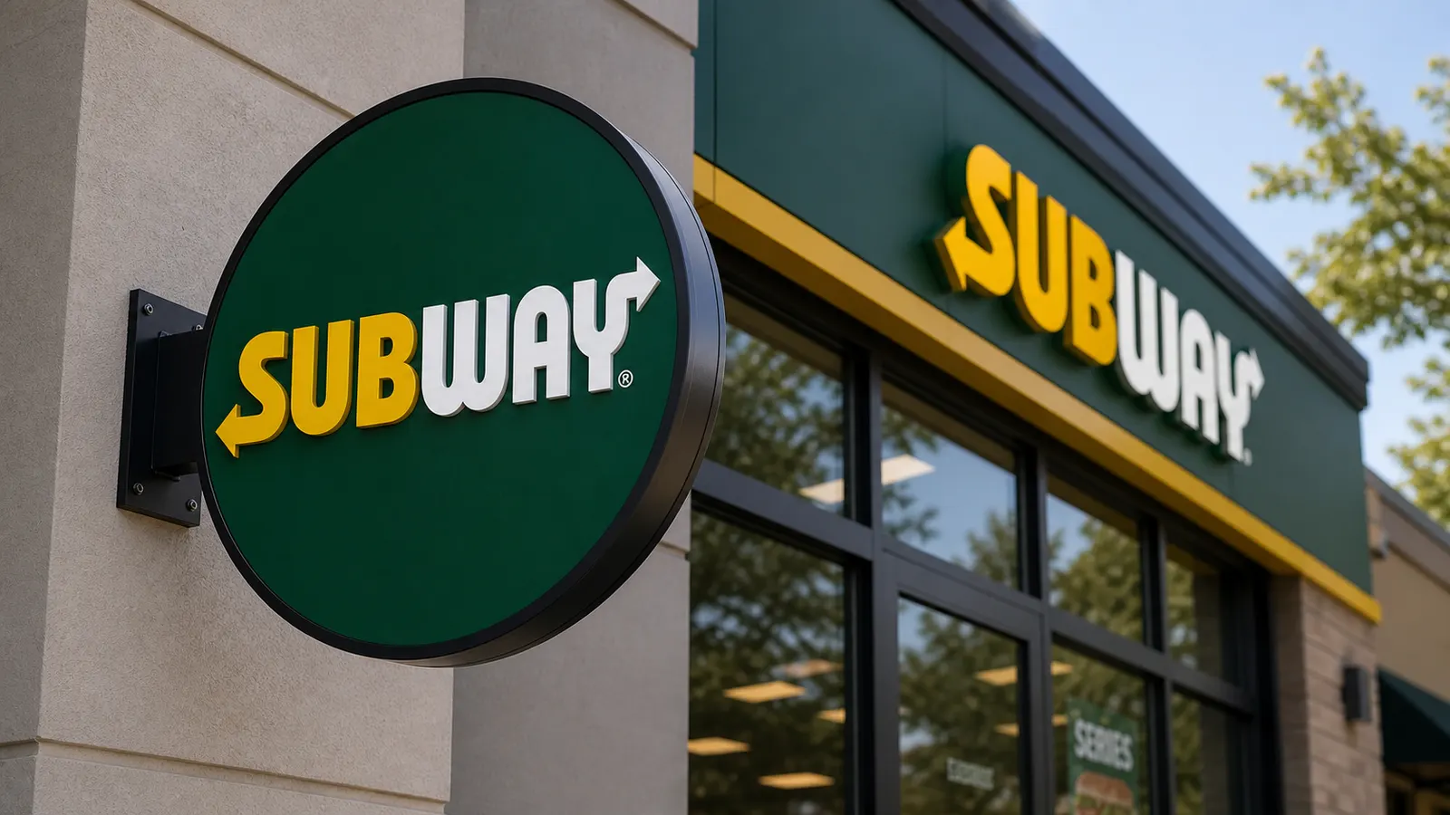 A close-up of a Subway sign outside a modern restaurant storefront