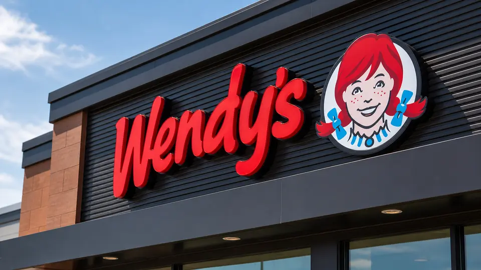 A close-up of the Wendy's sign outside a modern restaurant storefront