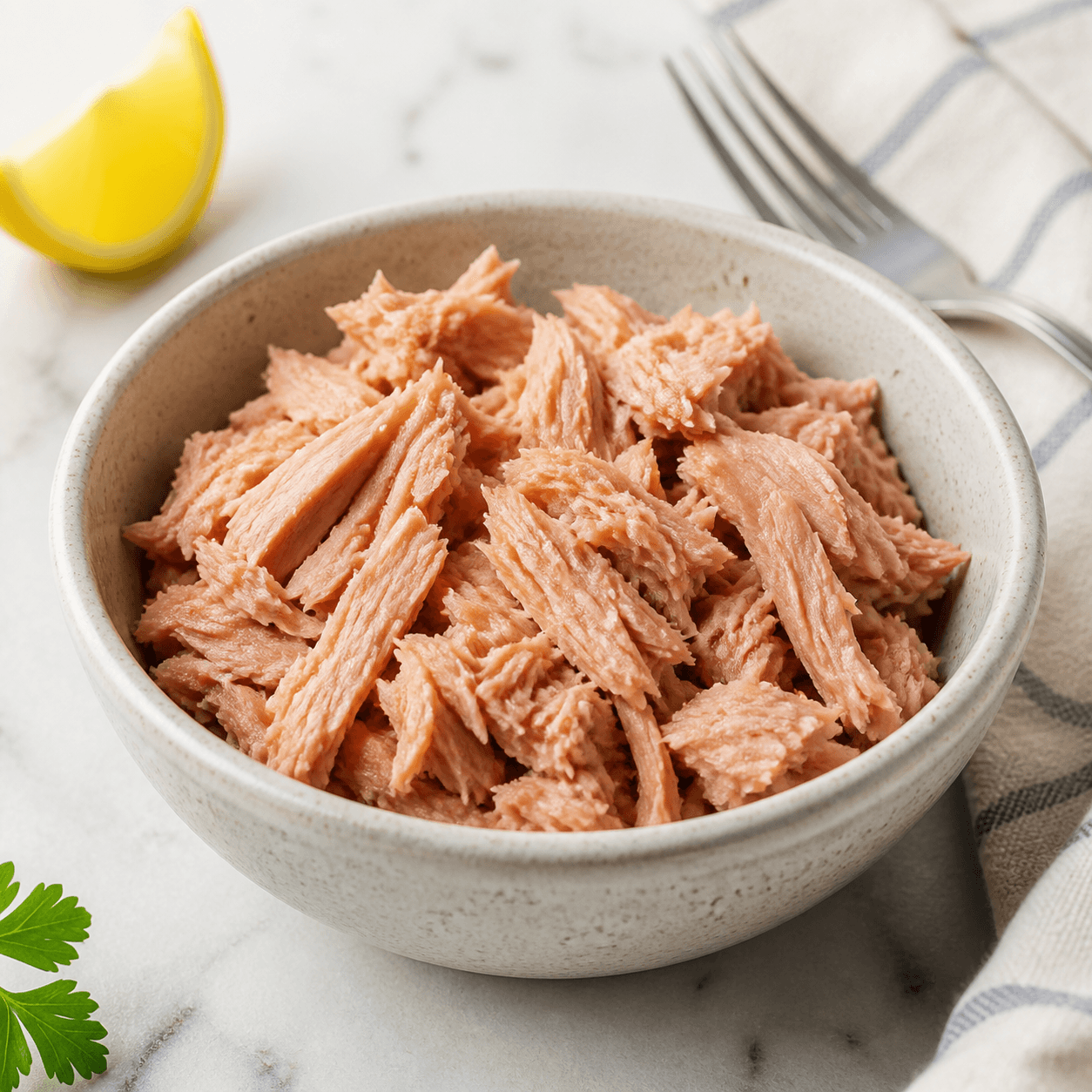 Drained light tuna flakes served in a small bowl