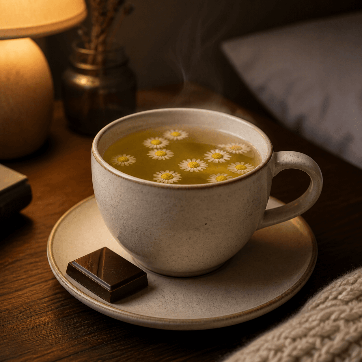 Chamomile tea with a small piece of dark chocolate