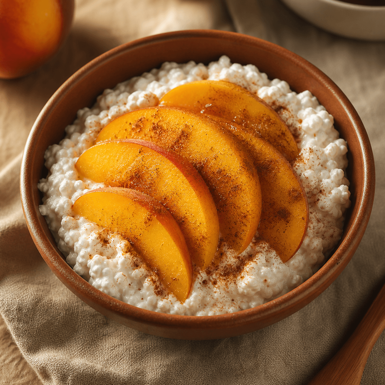 Cottage cheese topped with sliced peaches and cinnamon