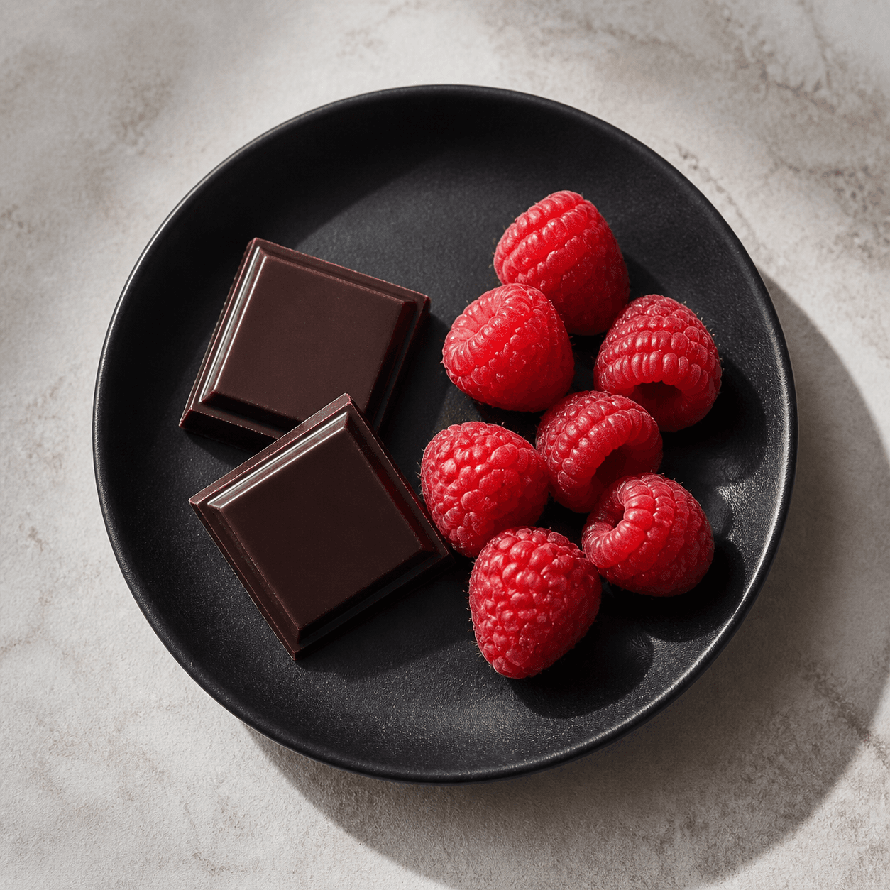 Two squares of dark chocolate with raspberries