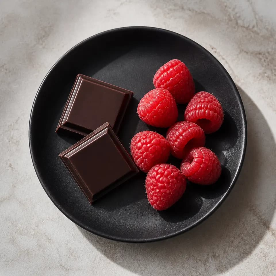 Two squares of dark chocolate with raspberries