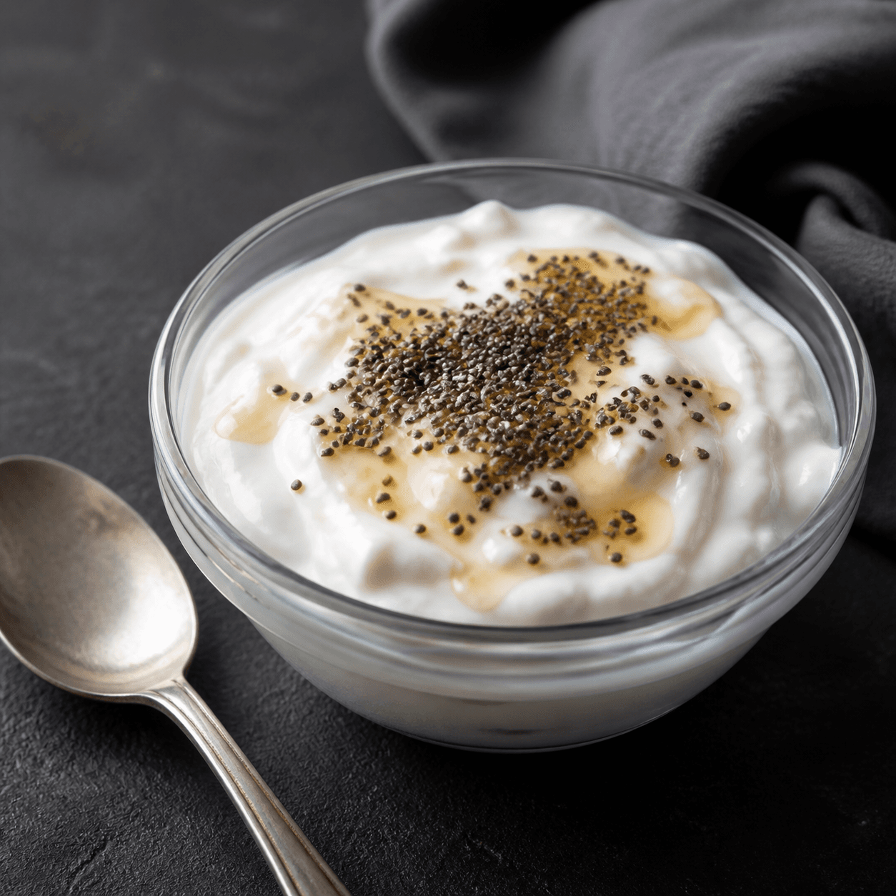 Plain Greek yogurt with chia seeds and a small honey drizzle