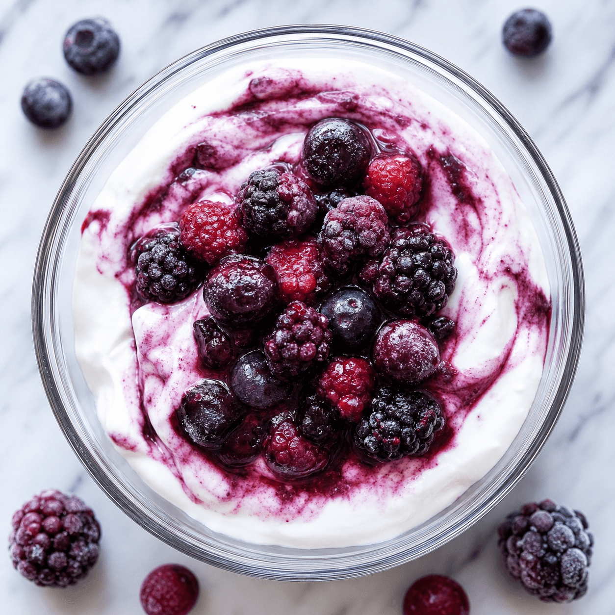 Plain Greek yogurt topped with thawing frozen berries