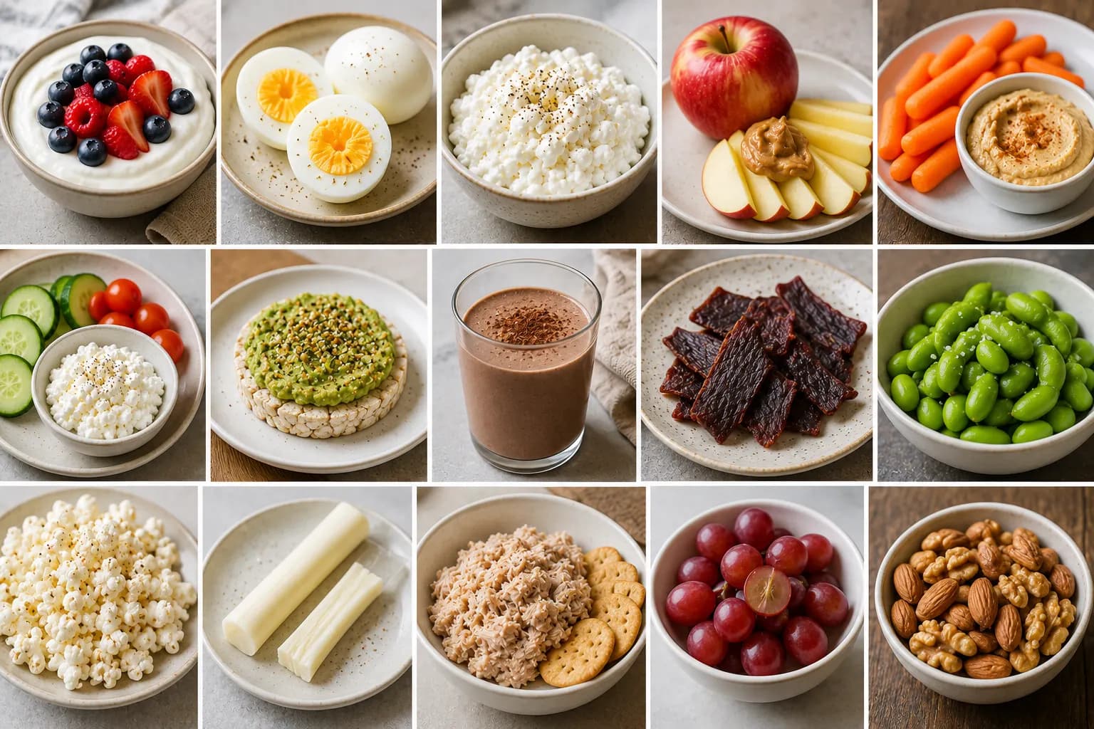 A calm snack planning board with yogurt, fruit, eggs, cottage cheese, and savory high-protein snacks under 200 calories