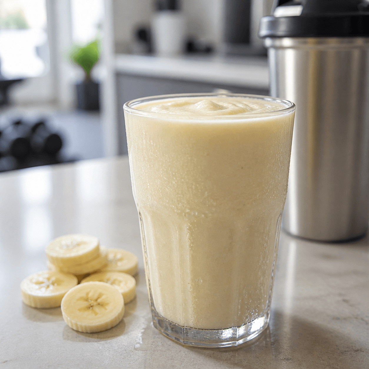 Vanilla protein shake blended with frozen banana