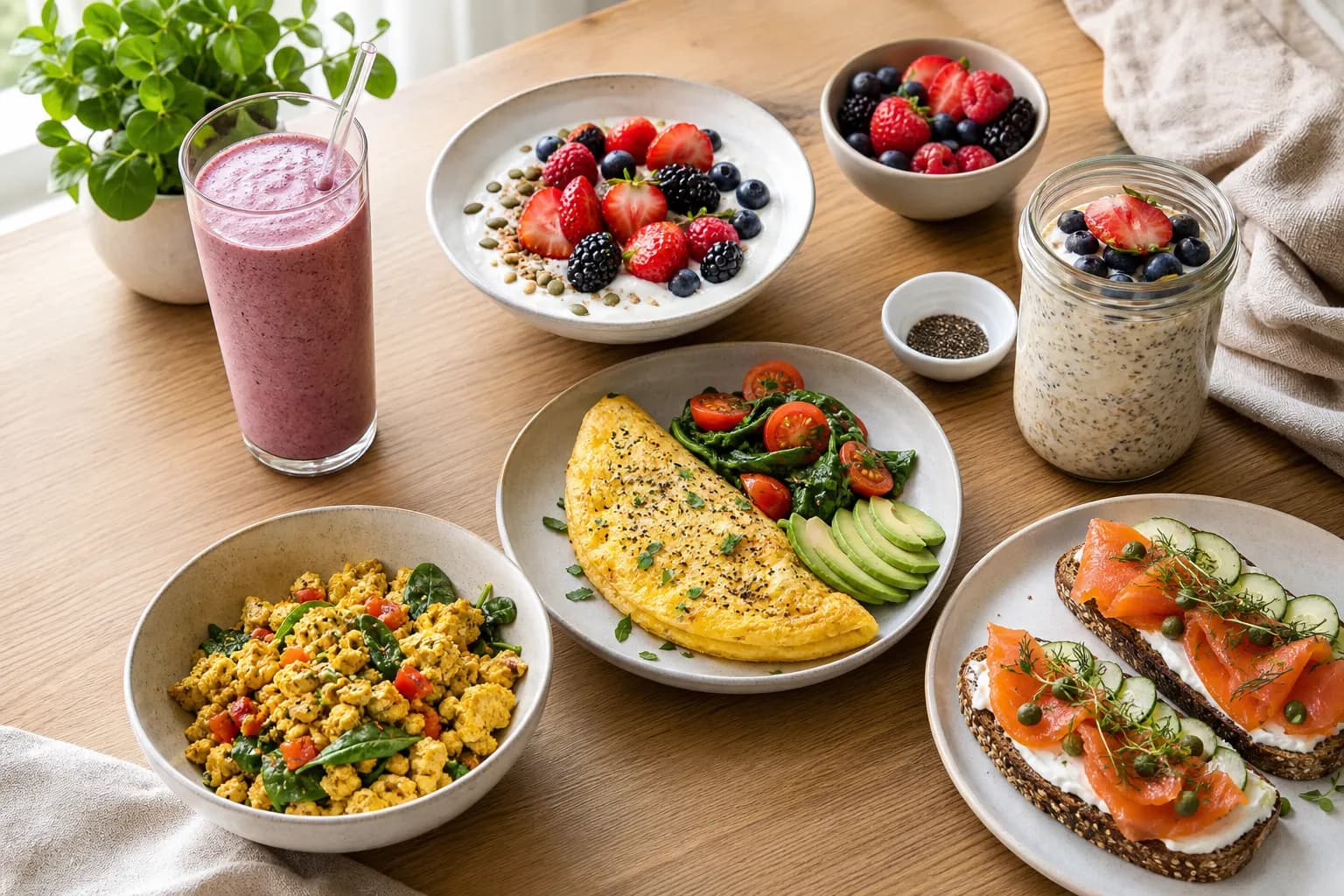 High-protein breakfast spread with Greek yogurt, eggs, tofu scramble, overnight oats, smoked salmon toast, and a smoothie
