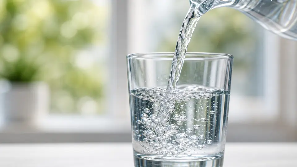 A calm hydration dashboard with a water glass, meal timing markers, and a downward weight trend line