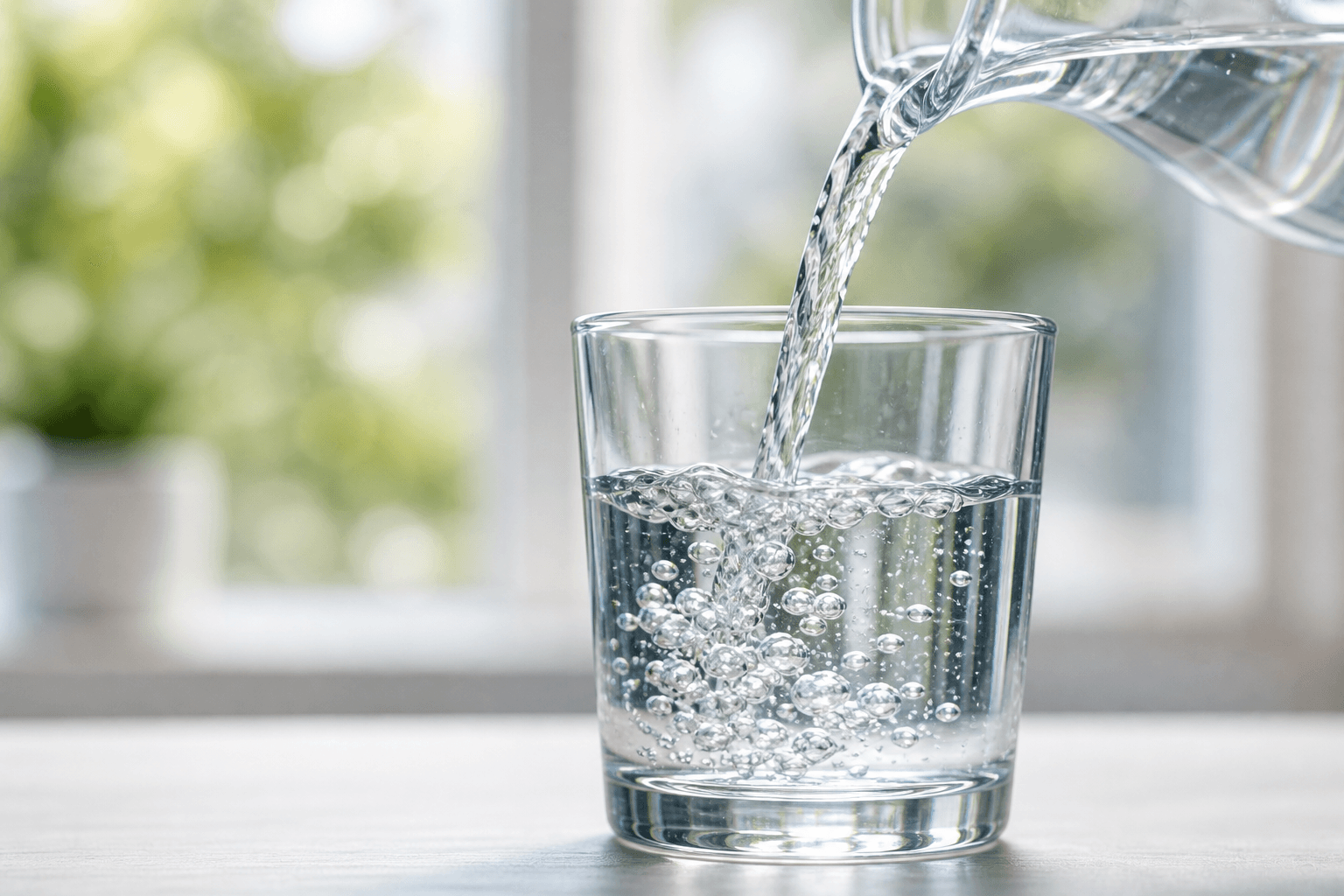 A calm hydration dashboard with a water glass, meal timing markers, and a downward weight trend line