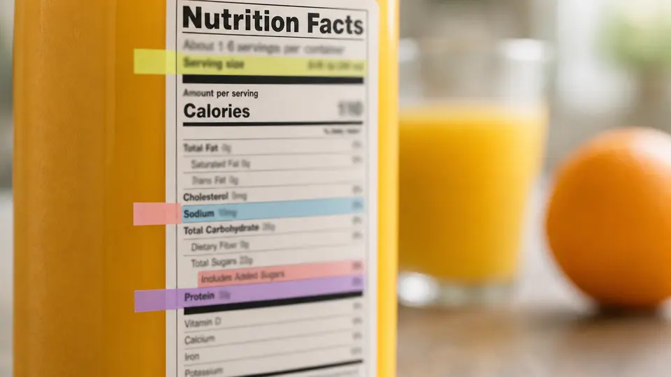 A close-up of a nutrition facts label on an orange juice container with key lines highlighted