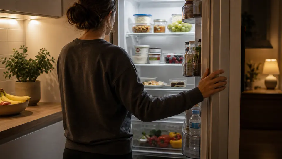 An anonymous person pausing at an open refrigerator in soft evening light