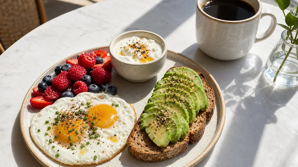 A balanced breakfast with black coffee in soft morning light