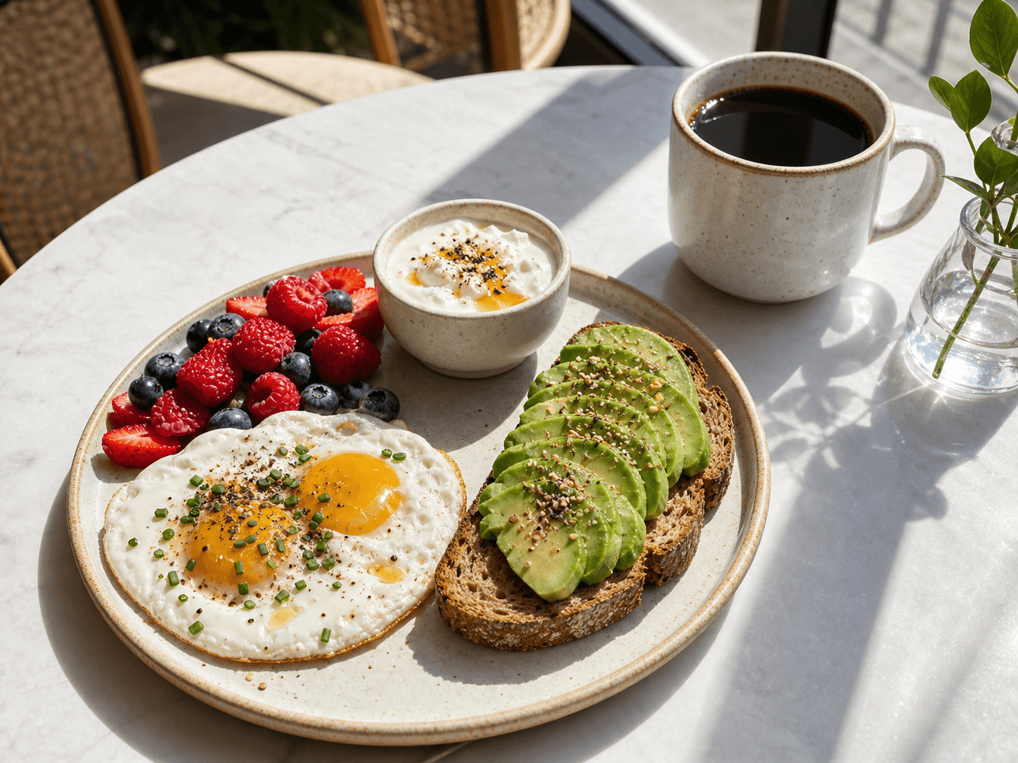 A balanced breakfast with black coffee in soft morning light