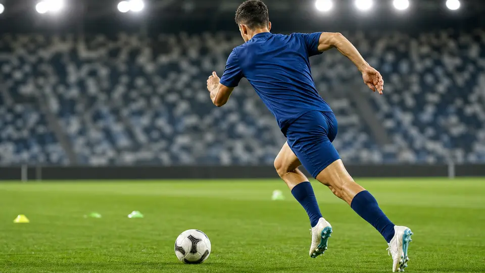 A generic soccer forward in an unbranded blue training kit sprinting after a ball on a stadium pitch