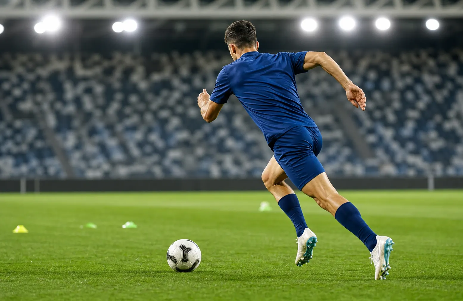 A generic soccer forward in an unbranded blue training kit sprinting after a ball on a stadium pitch