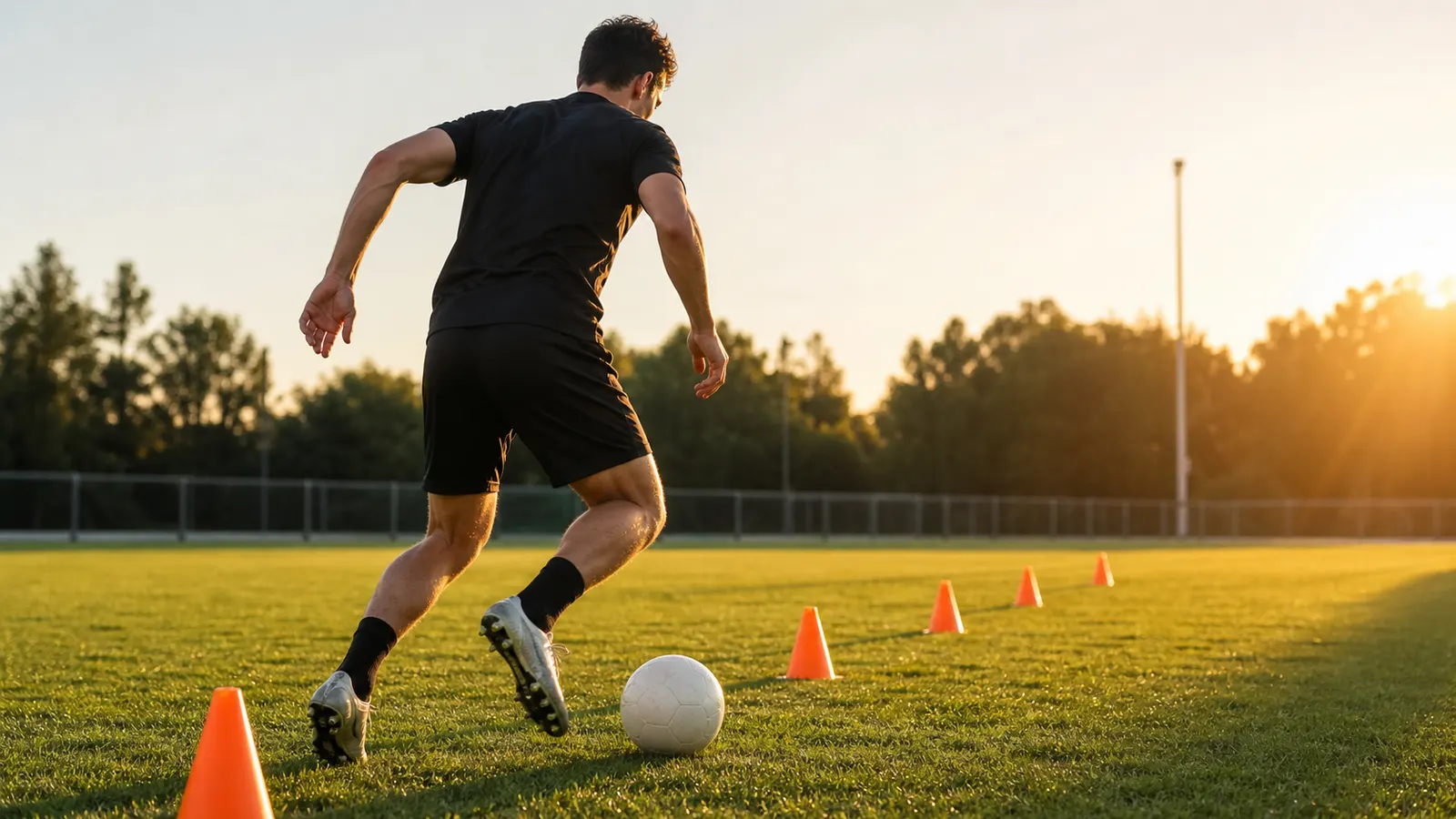 A generic soccer player in black training gear dribbling through cones on an outdoor pitch at sunset