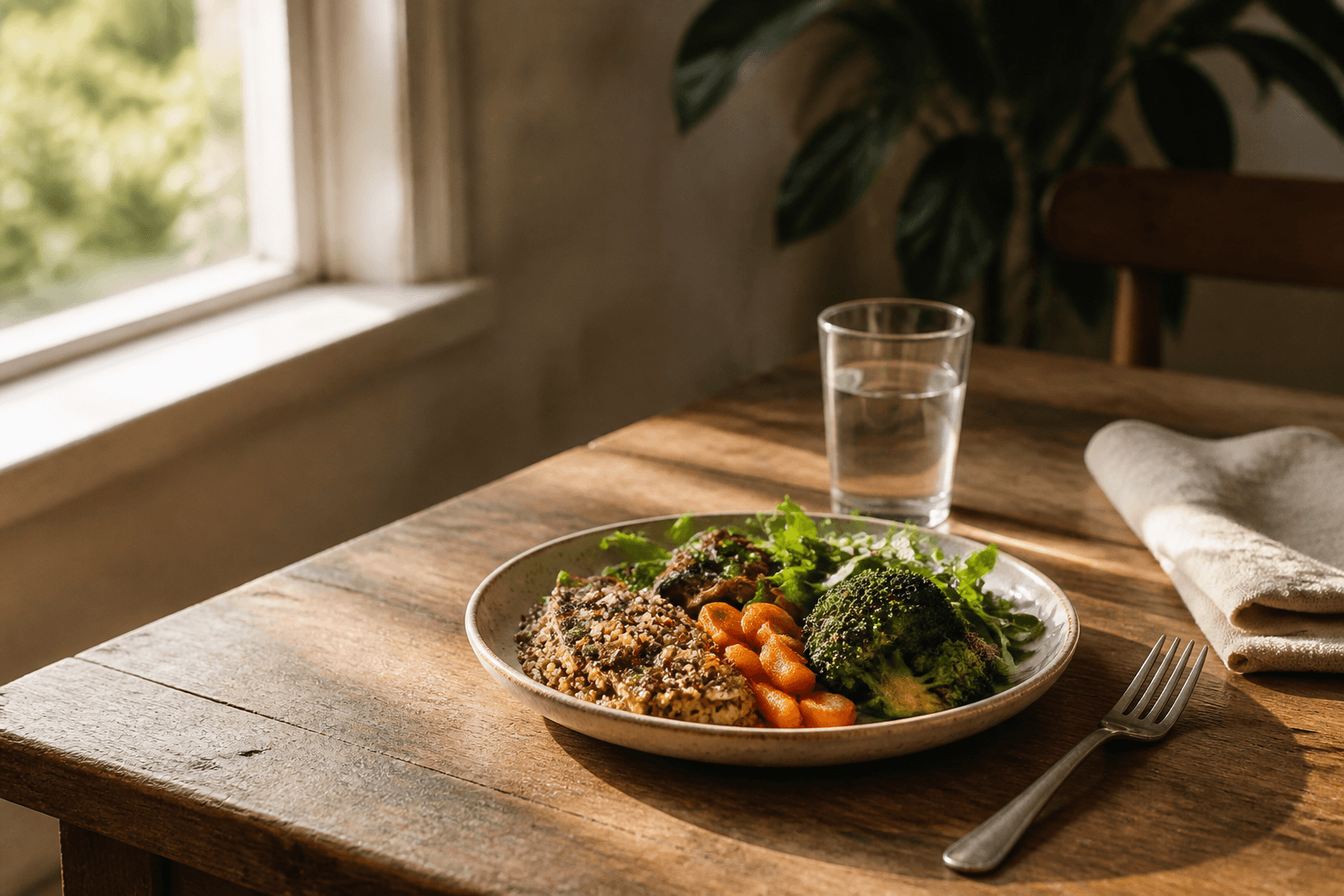 A calm dinner table with a single plate, no phone, and soft natural light