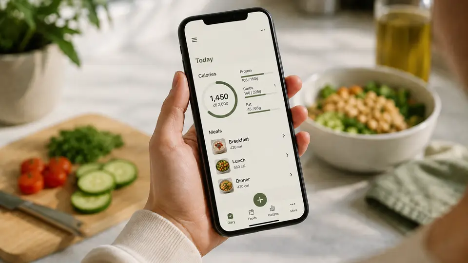 A calm comparison dashboard with seven calorie tracking apps as MyFitnessPal alternatives