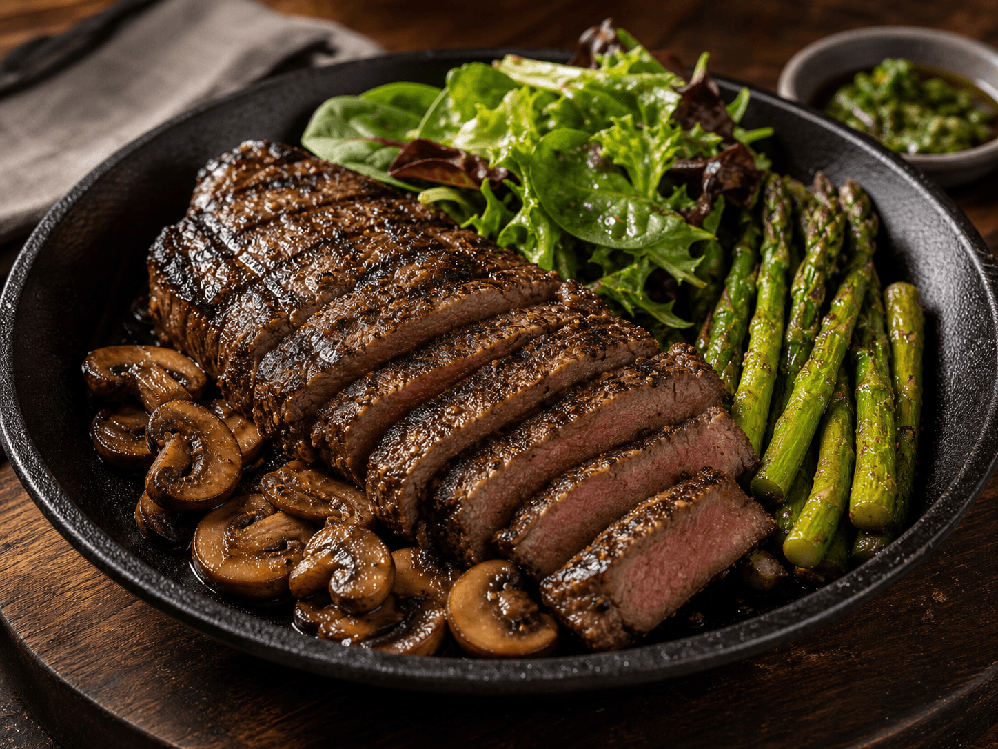 Atkins style low carb meal with grilled steak, greens, and low carb vegetables