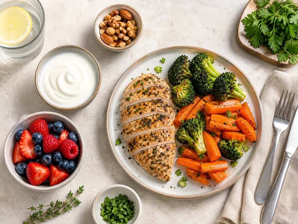 DASH diet meal with a low sodium chicken grain bowl, vegetables, fruit, and yogurt